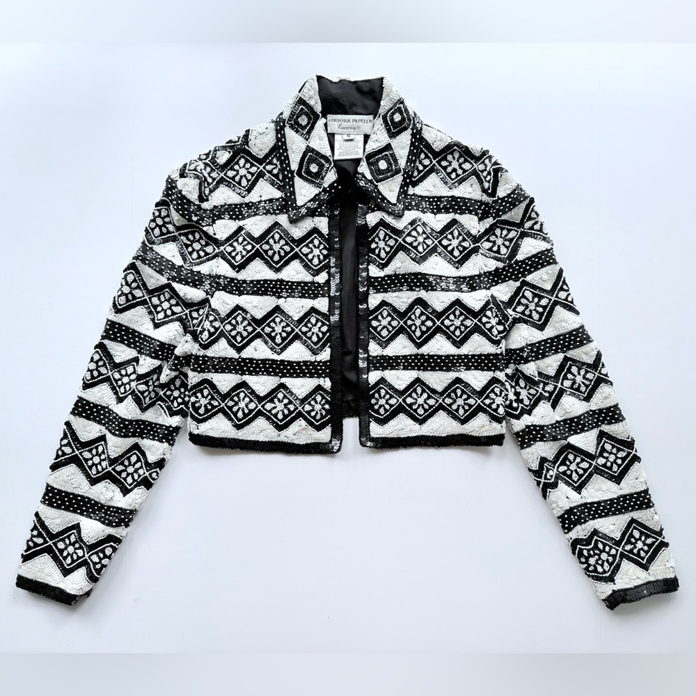 Vintage Adrianna Papell Beaded & Sequin Silk Bolero Jacket S Black & White - Picture 2 of 15